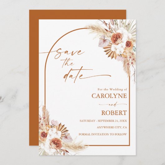 Modern Pampas Grass Boho Terracotta Wedding Save The Date (Voorkant / Achterkant)