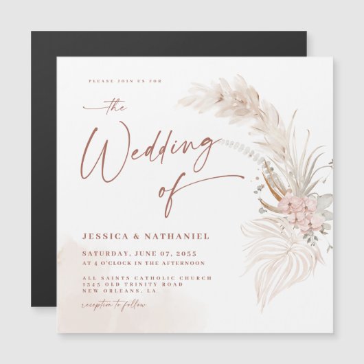 Modern Pampas Grass Floral Boho Magnetische Uitnodiging (Voorkant / Achterkant)