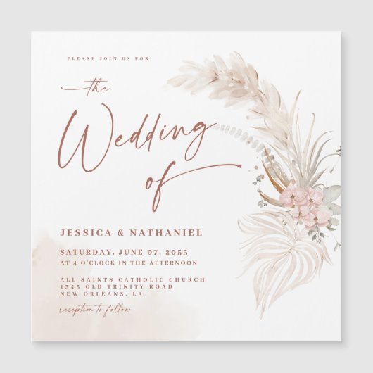 Modern Pampas Grass Floral Boho Magnetische Uitnodiging (Voorkant)