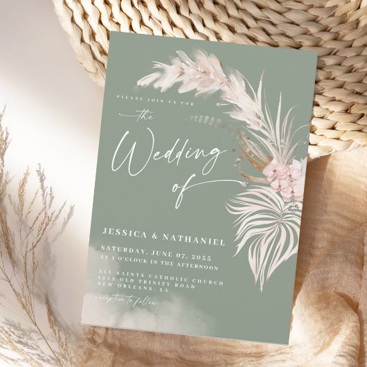Modern Pampas Grass Green Floral Boho Wedding Kaart
