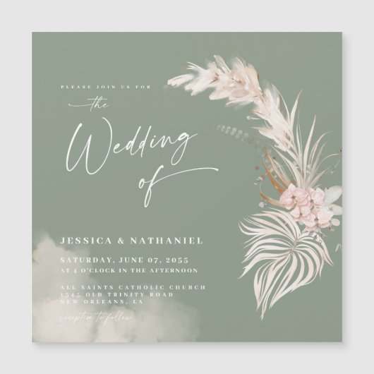 Modern Pampas Grass Sage Green Boho Floral Magnetische Uitnodiging (Voorkant)