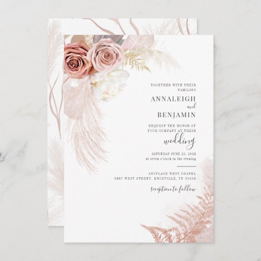 Modern Pampas Grass Script Dried Palms Wedding Kaart (Voorkant / Achterkant)