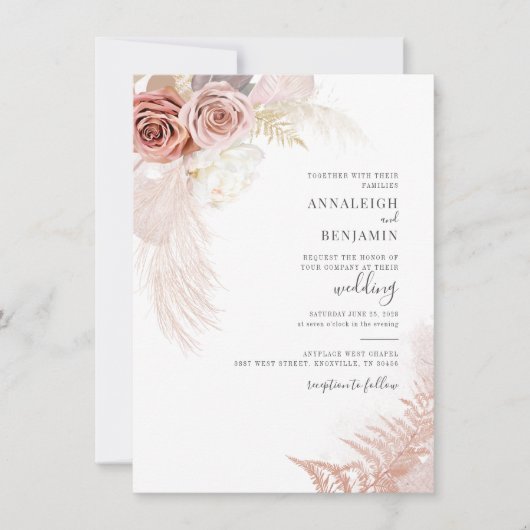 Modern Pampas Grass Script Dried Palms Wedding Kaart (Voorkant)