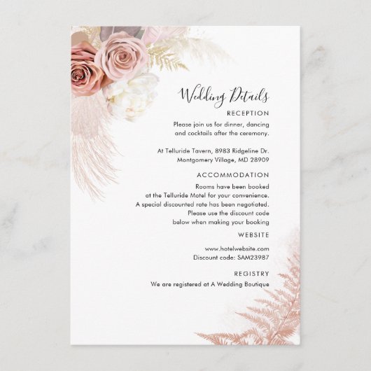 Modern Pampas grass Terracotta Floral Wedding Informatiekaartje (Voorkant)