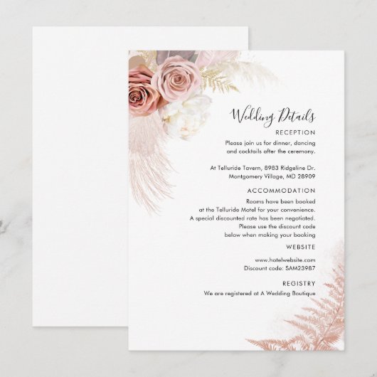 Modern Pampas grass Terracotta Floral Wedding Informatiekaartje (Voorkant / Achterkant)