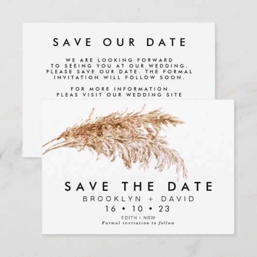 Modern Pampas Grass Wedding Save the Date Card Kaart (Voorkant / Achterkant)