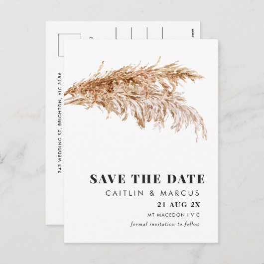 Modern Pampas Wedding Save The Date Briefkaart (Voorkant / Achterkant)