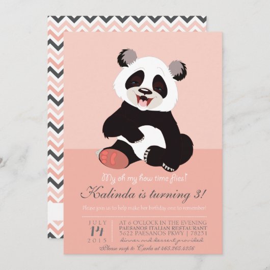 Modern Panda Beer Roze Uitnodiging (Voorkant / Achterkant)