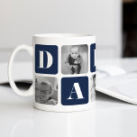 Modern papa Photo Collage Koffiemok<br><div class="desc">Pas dit schattige moderne ontwerp van de mok aan om een nieuwe vader te vieren deze Vaderdag! Het ontwerp bevat afwisselende vierkantjes foto's en diepe blauw brievenblokken waarin de naam "pappa" in het moderne serif lettertype wordt geplakt. Voeg vijf van uw favoriete vierkantsfoto's (perfect voor Instagram!) toe gebruikend de verstrekte...</div>