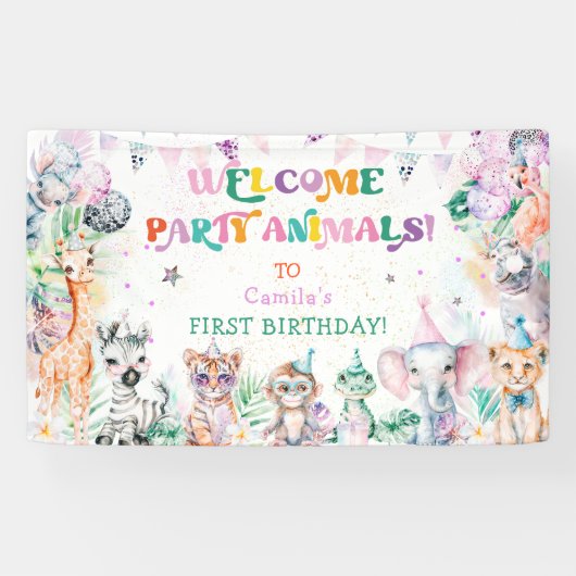 Modern Party Leuke Dieren Meisje Verjaardag Welkom Spandoek (Horizontaal)