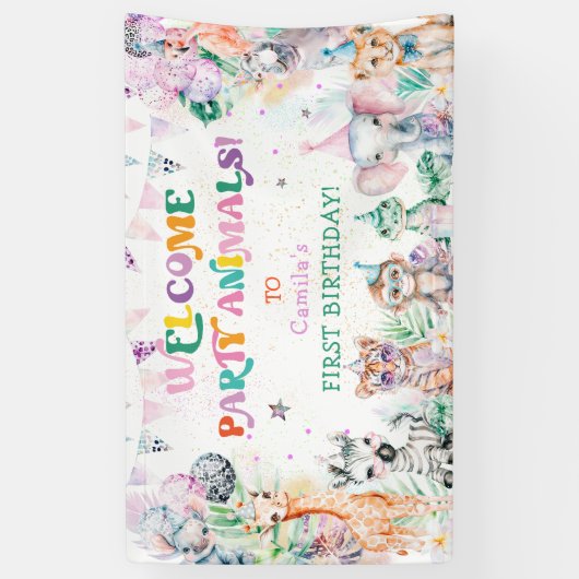 Modern Party Leuke Dieren Meisje Verjaardag Welkom Spandoek (Verticaal)