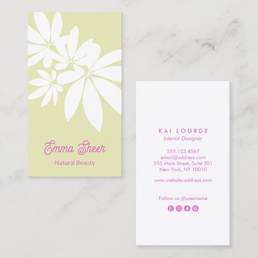 Modern pasta Green Leaves Branch Pink Script Visitekaartje (Voorkant / Achterkant)