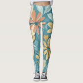 Modern Pastel abstracte bloemetjes blauw geel beig Leggings (Voorkant)