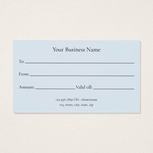 Modern pastel blauw relatiegeschenk certificaat visitekaartje (Achterkant)