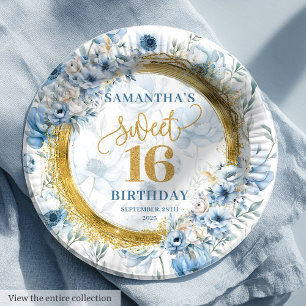 Modern Pastel Blauw Sweet 16 Goud Glitter Party Papieren Bordje
