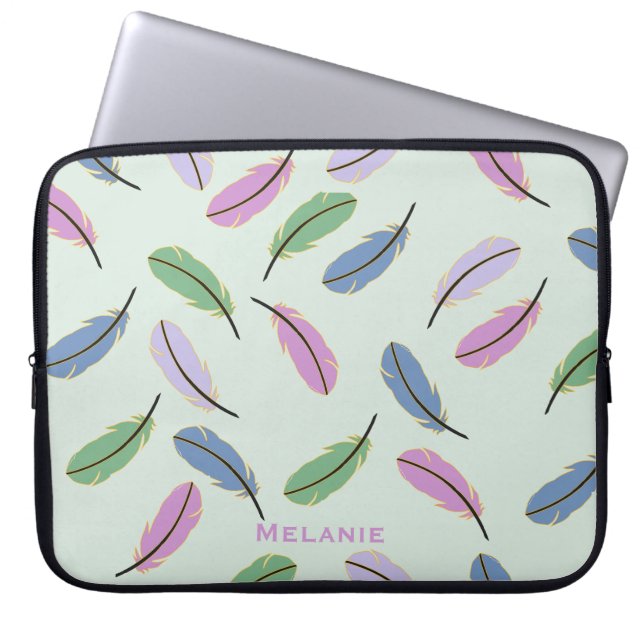 Modern pastel Blue Feathers Patroon op maat Laptop Sleeve (Voorkant)