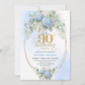 Modern Pastel Blue Floral Gold 90th Birthday Card Kaart (Voorkant)