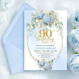 Modern Pastel Blue Floral Gold 90th Birthday Card Kaart
