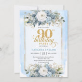 Modern pastel blue gold design 90th birthday invit kaart (Voorkant)