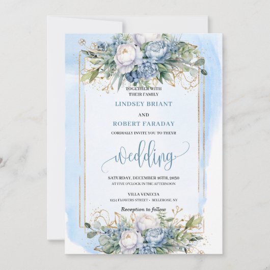 Modern pastel blue gold flowers wedding invitation kaart (Voorkant)