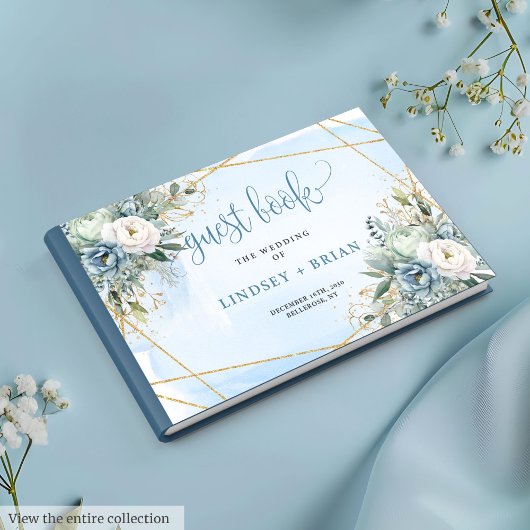 Modern Pastel Blue Peonies Gold Wedding Guest Book Gastenboek