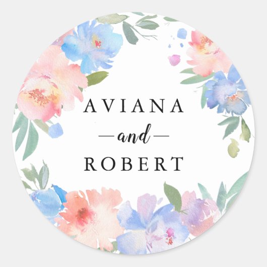 Modern Pastel Blue Pink Wreath Weddenschap Ronde Sticker (Voorkant)