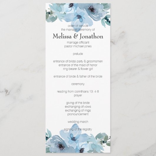 Modern Pastel Blue Rozen Floral Wedding Programme Programmakaart (Voorkant)