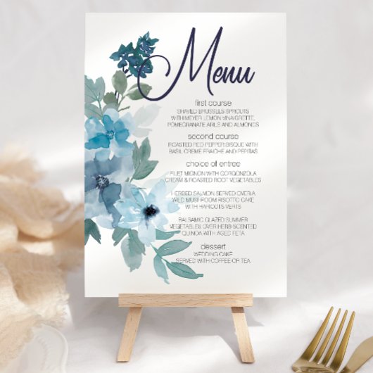 Modern Pastel Blue Waterverf Rozen Weddenschap Men Menu
