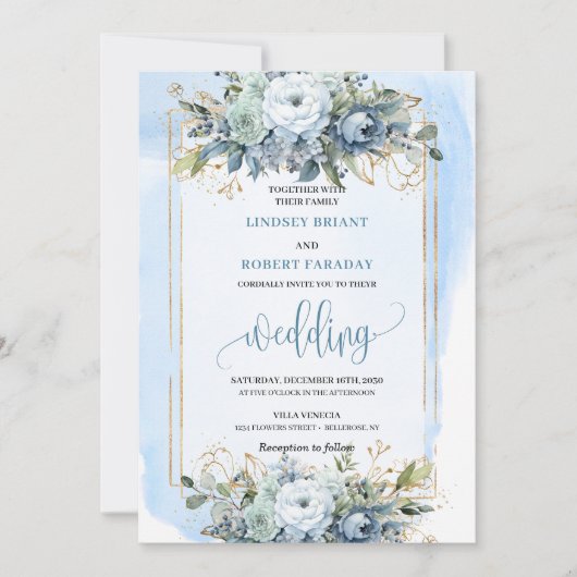 Modern Pastel Blue White Gold Flowers Wedding Kaart (Voorkant)
