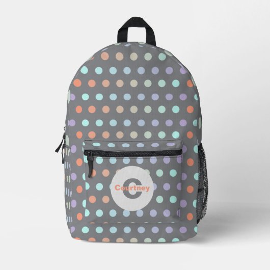 Modern pastel gekleurd polka dot patroon op grijs bedrukte rugzak (Voorkant)