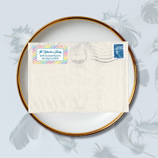 Modern Pastel Gingham Rainbow Baby Shower Party Etiket