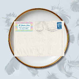 Modern Pastel Gingham Rainbow Baby Shower Party Etiket