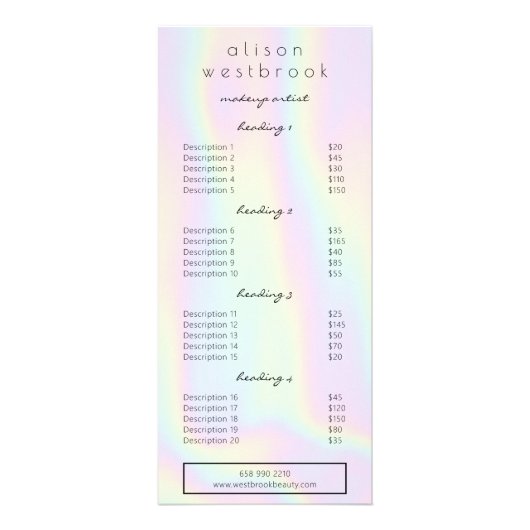 Modern pastel holografisch glazuur salon service m reclamekaart (Voorkant)