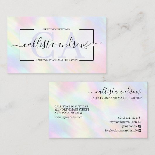 Modern Pastel Holographic Rainbow Signature Script Visitekaartje (Voorkant / Achterkant)