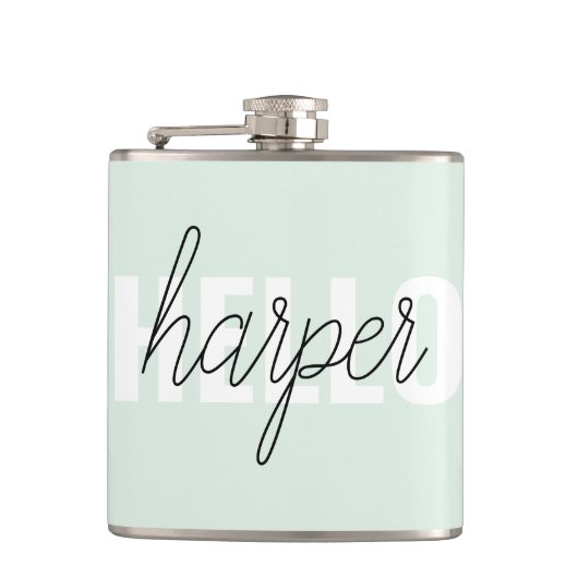 Modern Pastel Mint Hallo en u noemt Heupfles (Voorkant)