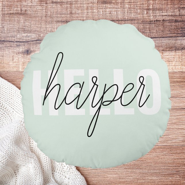 Modern Pastel Mint Hallo en u noemt Rond Kussen (Creator heeft geüpload)