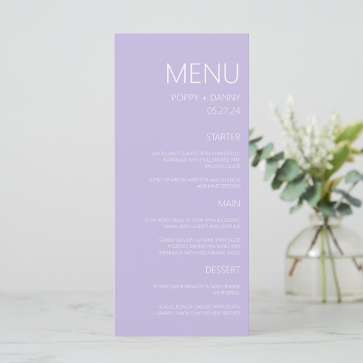 Modern pastel Paarse bruiloft diner Menu (Staand voorkant)