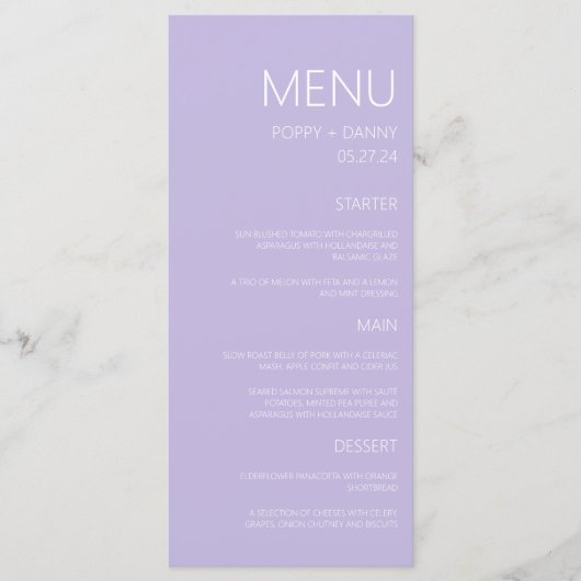 Modern pastel Paarse bruiloft diner Menu (Voorkant)