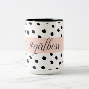 Modern Pastel Pink Girl Boss & Black Stippen Tweekleurige Koffiemok