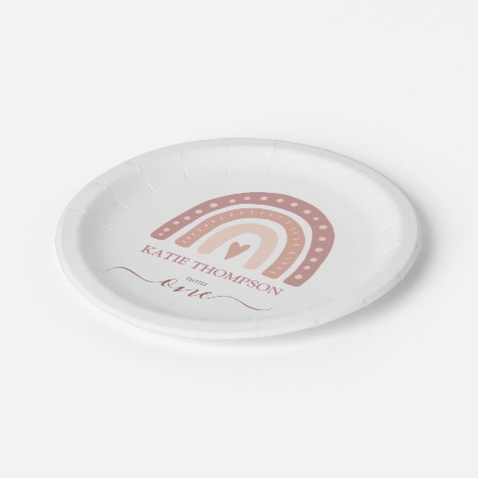 Modern Pastel Pink Rainbow Boho First Birthday Papieren Bordje (Gekanteld)