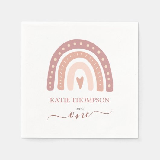 Modern Pastel Pink Rainbow Boho First Birthday Servet (Voorkant)