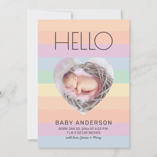 Modern Pastel Rainbow Hallo Baby Foto geboorte Aankondiging (Voorkant)