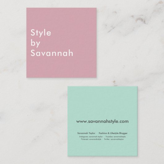 Modern pastel roos en mint chique mode blogger vierkante visitekaartje (Voorkant / Achterkant)