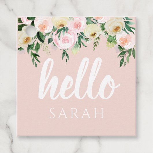 Modern Pastel Roze Bloemen Hallo en u noemt Bedankjes Labels (Voorkant)