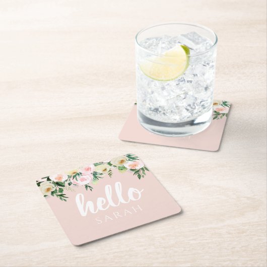 Modern Pastel Roze Bloemen Hallo en u noemt Kartonnen Onderzetters (Insitu)