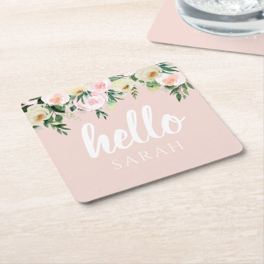 Modern Pastel Roze Bloemen Hallo en u noemt Kartonnen Onderzetters (Schuin)