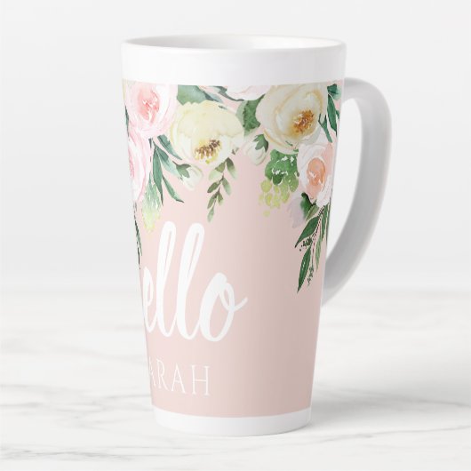 Modern Pastel Roze Bloemen Hallo en u noemt Latte Mok (Rechterhoek)