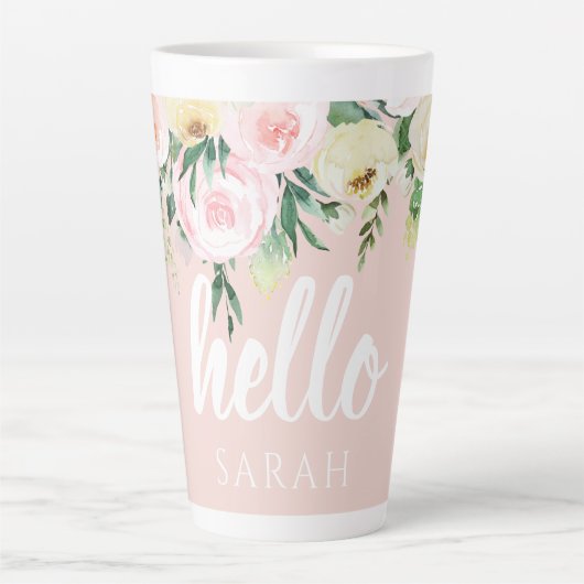 Modern Pastel Roze Bloemen Hallo en u noemt Latte Mok (Voorkant)