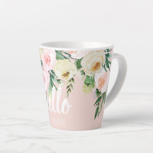 Modern Pastel Roze Bloemen Hallo en u noemt Latte Mok (Rechterhoek)