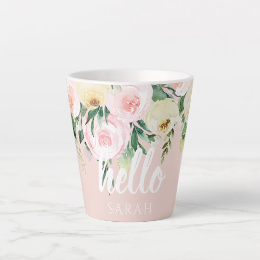 Modern Pastel Roze Bloemen Hallo en u noemt Latte Mok (Voorkant)